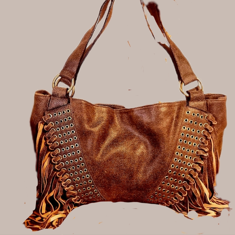 THE FIND- Distressed Tan/Brn Fringe Grommet Handbag